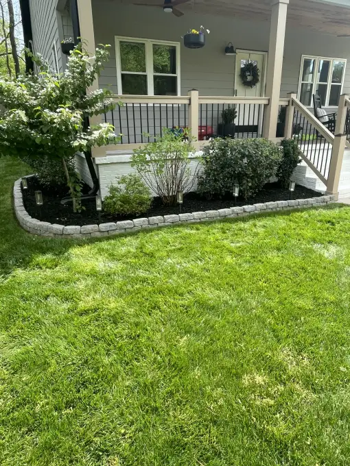 Fresh black mulch bed with a natural stone border and shrubs beside a thick green front lawn